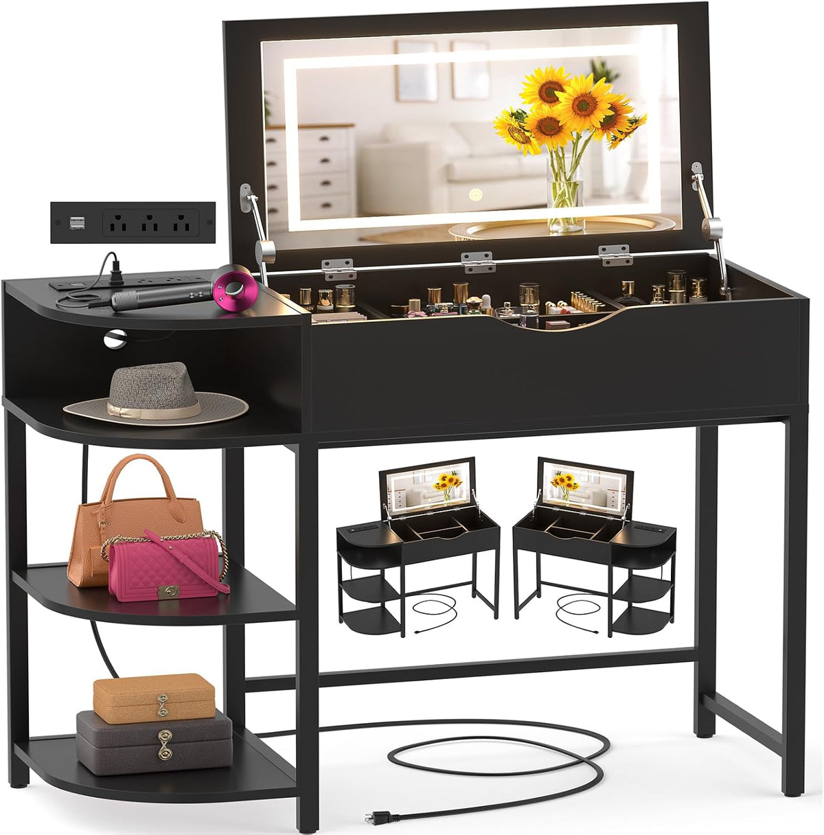 Cyclysio Vanity Desk with Flip Top Mirror and Lights, Black