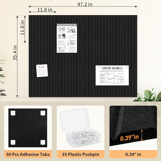 Smarpau Large Cork Board for Walls, 12 Pack Slat Felt Wall Tiles - Image 2