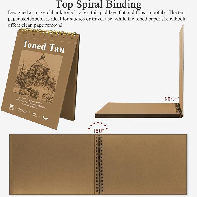 Fuxi Toned Tan Sketchbook 8.5x11, 60 Sheets Acid- Free Tan Paper, Spiral Bound - Image 4