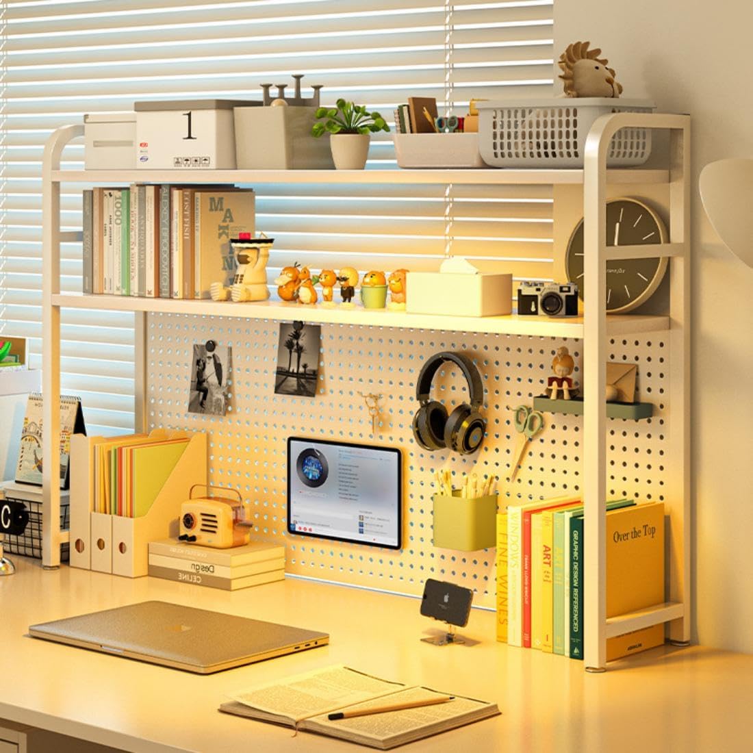 2 Tiers Freestanding Desk Bookshelf, 38 Inch Desktop Bookcase Display Shelf R...
