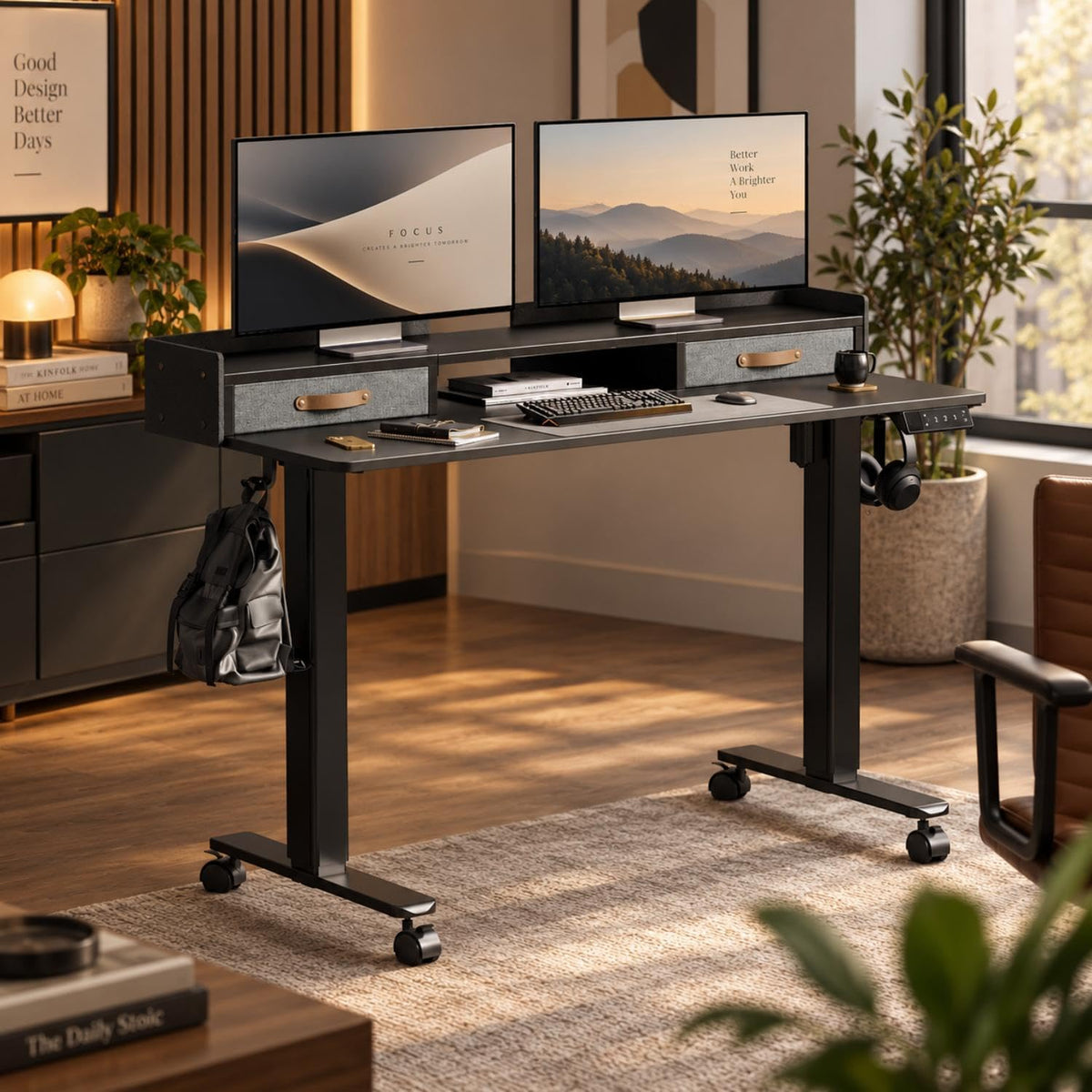 YDN 63 Inch Electric Standing Desk with Drawers & Wheels, Black