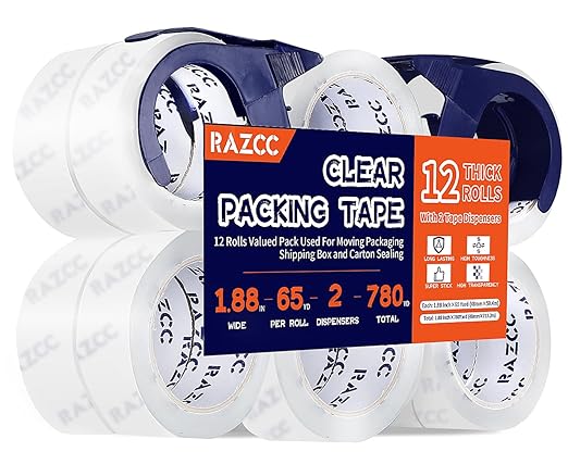 RAZCC Packing Tape, 12 Rolls Clear Heavy Duty Packaging Tape by RAZCC