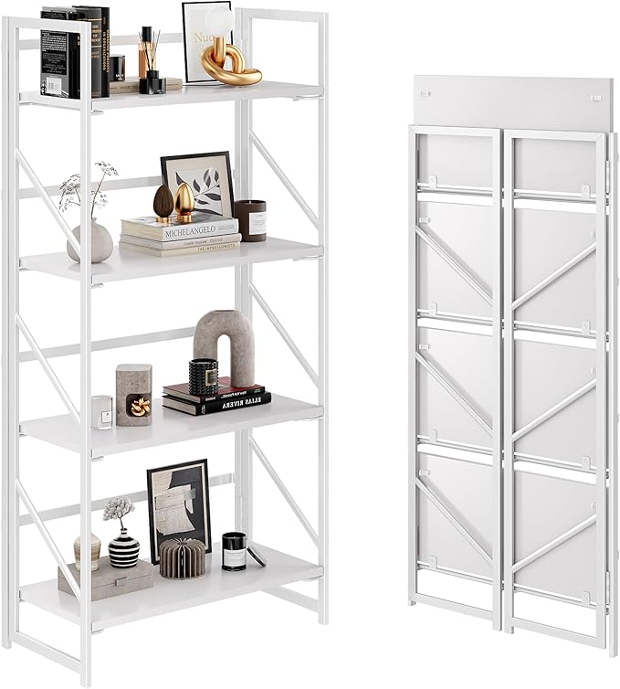 JSB No Assembly Folding Bookshelf, 4 Tier Industrial Metal Book Shelf by HomeFurniture