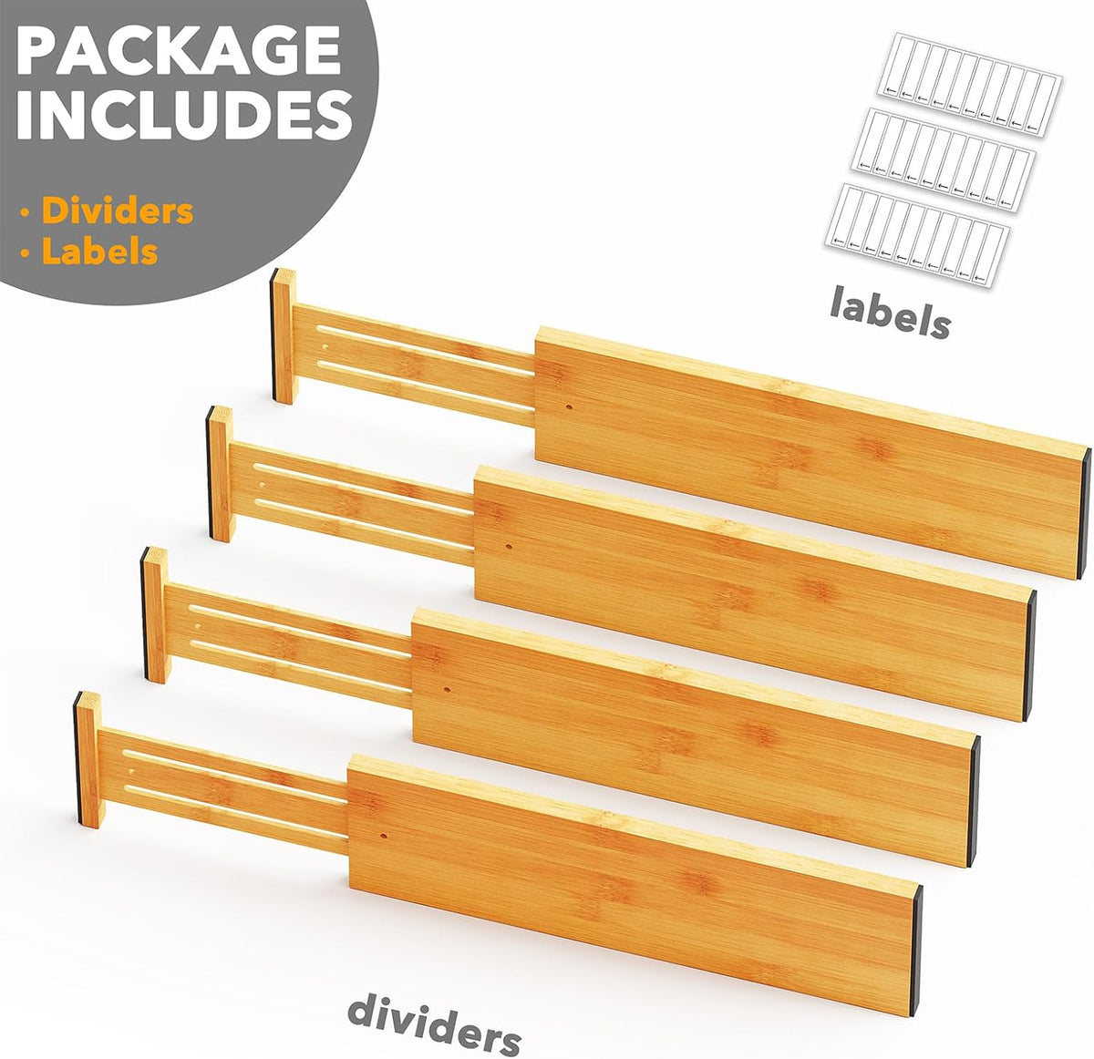 SpaceAid Bamboo 4 Pack Dresser Drawer Dividers, 4.65“ High Adjustable 17“-22”...