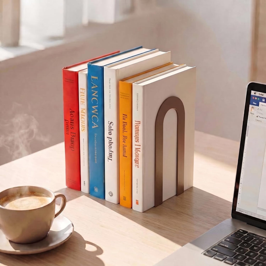 Sanwarm Bookends, 2 Pcs, Metal, for Home Office Desk Shelves Modern Brown | Decorative Book Ends Non-Skid Book Stoppers Holder 1 Pair Gifts for Reading Enthusiasts Library Decor