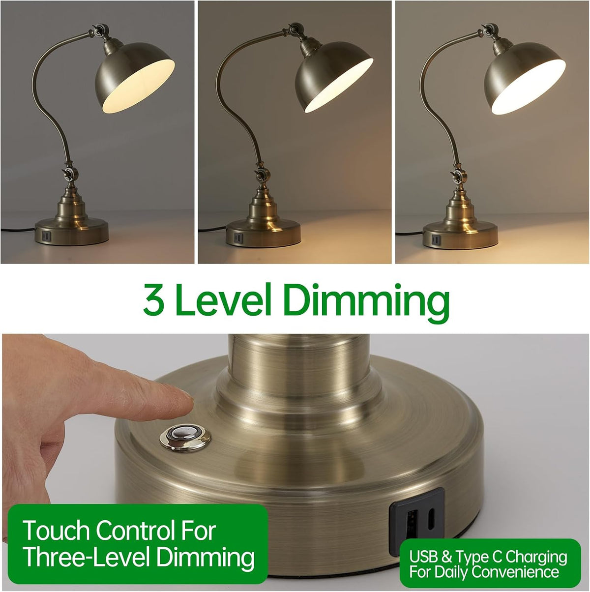 dimmable touch control antique brass desk lamp with, side view
