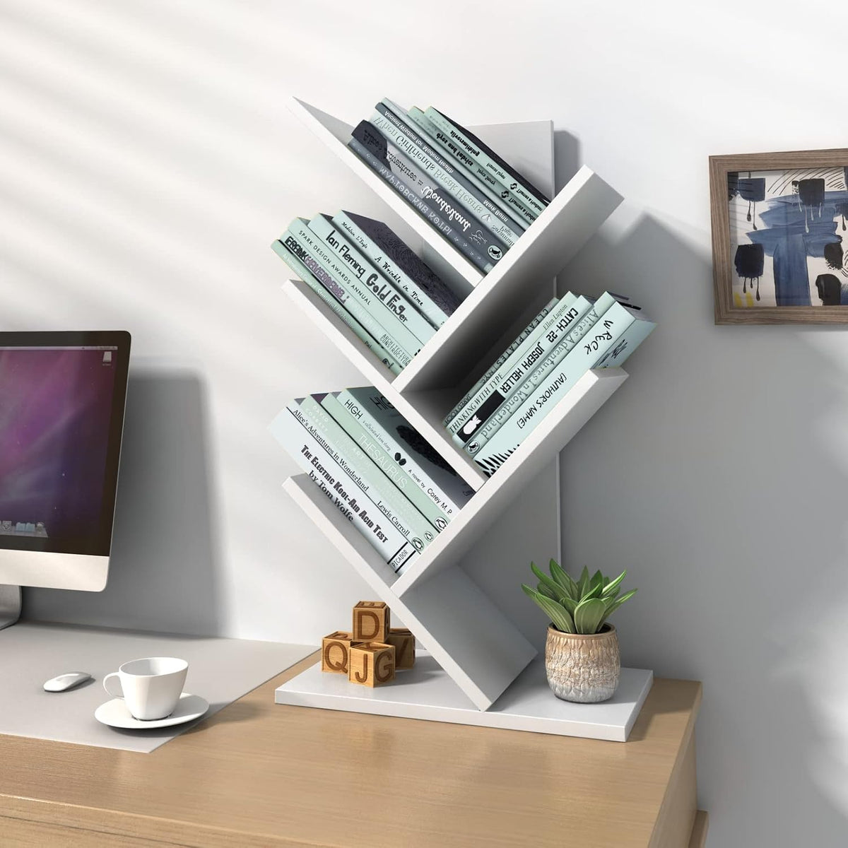 Small Bookshelf for Desk Decor, 5-Tier White Wood desktop bookshelf