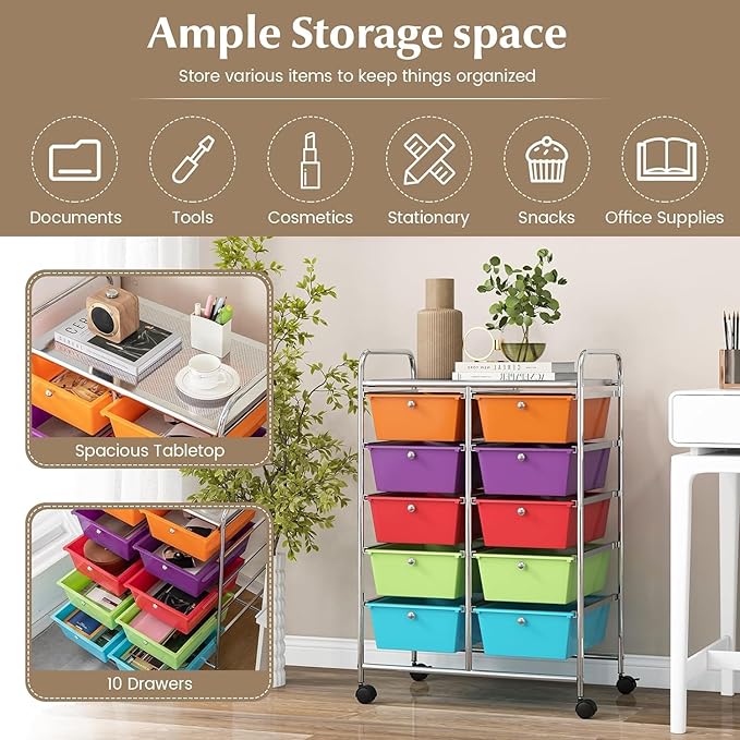LDAILY 10 Drawer Rolling Cart, Storage Cart Organizer on Wheels, Drawer Cart - Image 5