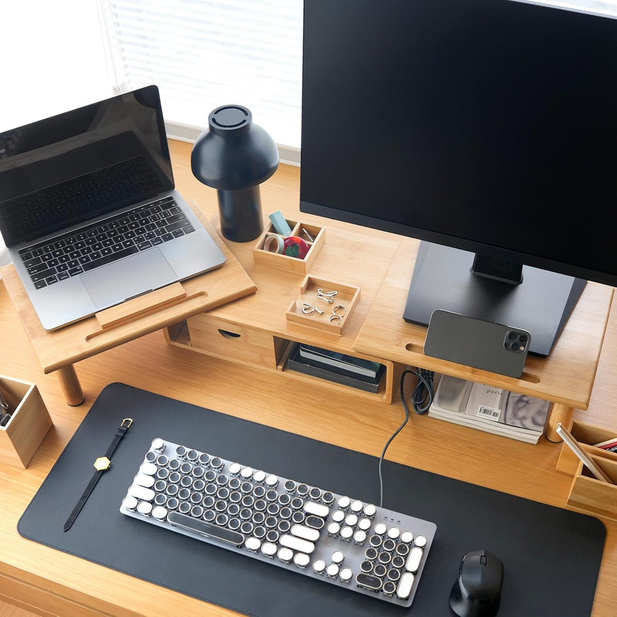 dual monitor stand riser with drawer for desk, side view