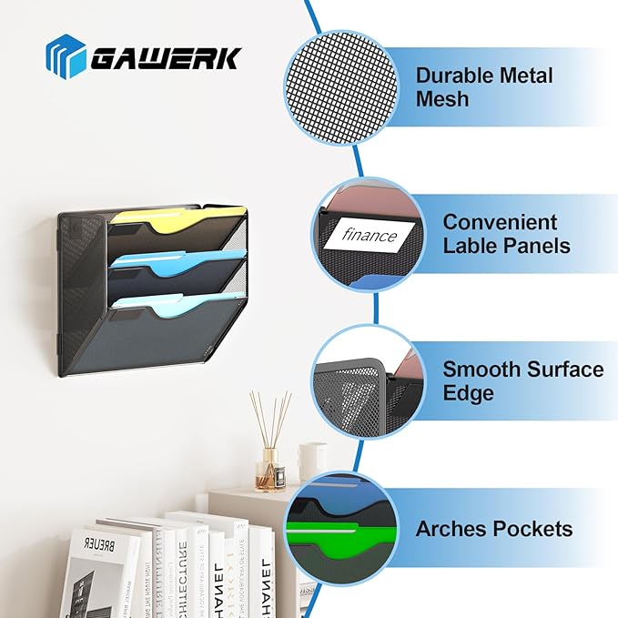 Gawerk 3 Tier Hanging Wall File Organizer, Mesh Mail Paper Orgnization Hanging - Image 3