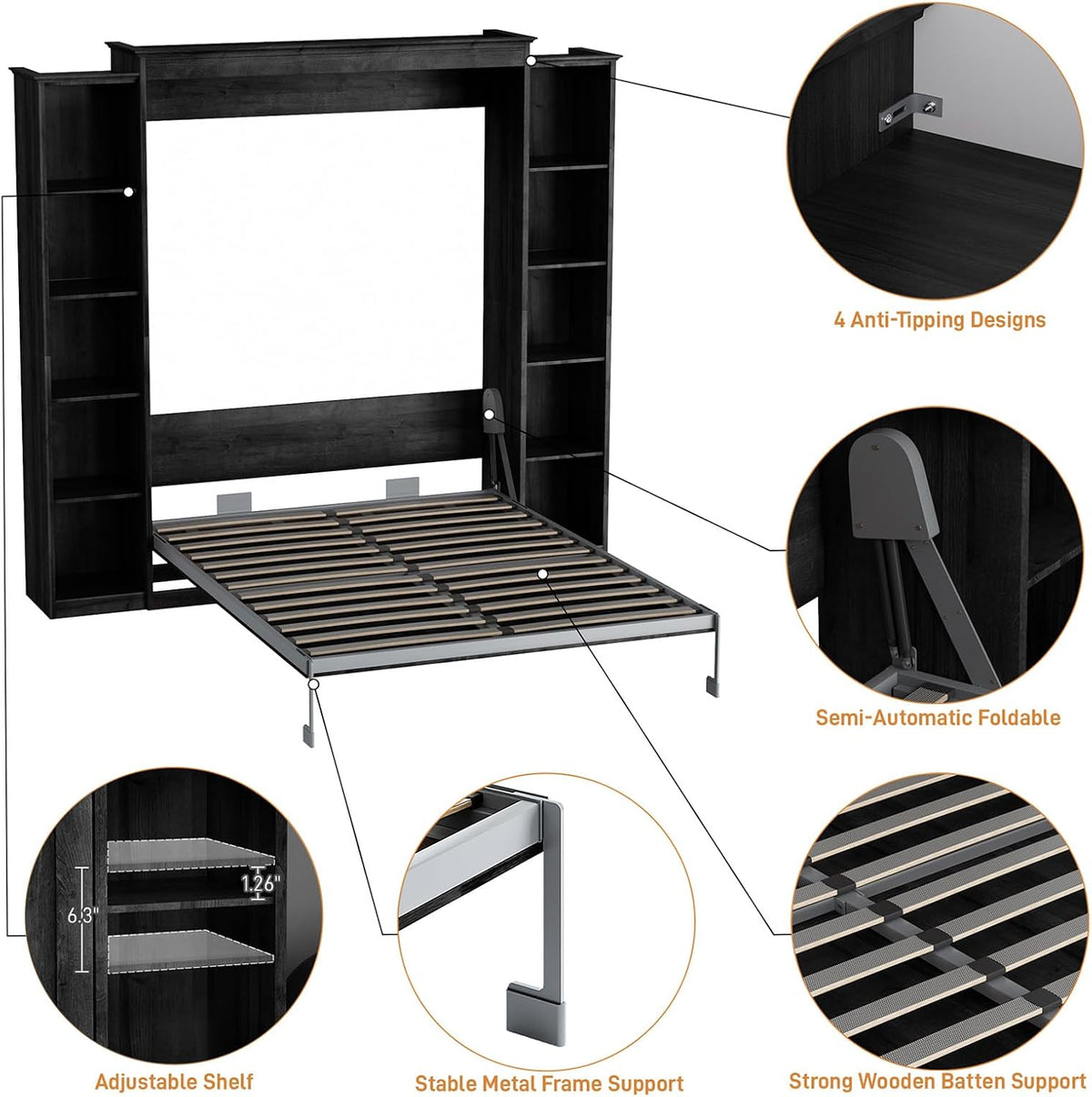 Rophefx Queen Murphy Bed Cabinet with 5-Tier Shelves, Wall Bed,Black Gray