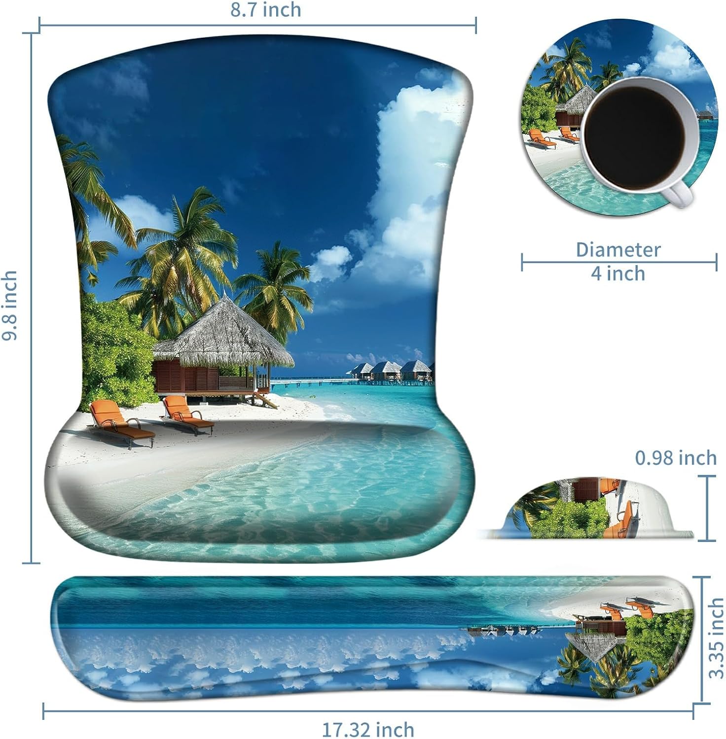 Keyboard Wrist Rest and Mouse Wrist Rest Pad Set, Made of Memory Foam with Non Slip Rubber Base Ergonomic Gel Wrist Rest for Computer Keyboard Gaming Office Working, with Beach Sand Coaster