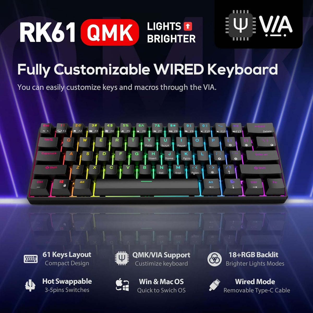 RK ROYAL KLUDGE RK61 Wired 60% Mechanical Gaming Keyboard Programmable QMK/VI...