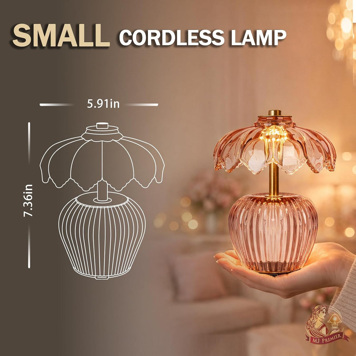 MJ PREMIER Rechargeable Table Lamp, Small Cordless Lamp with Timer, Pink