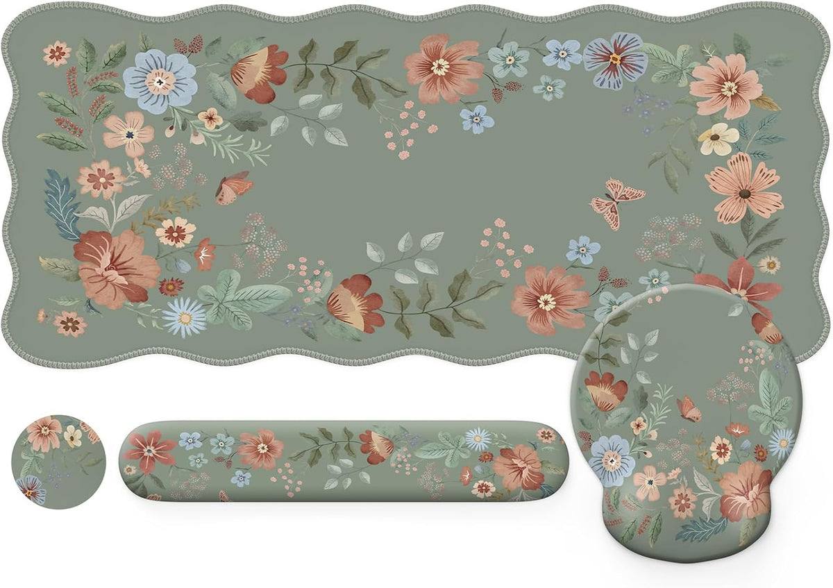 iLeadon Mouse Pad Set and Keyboard Wrist Rest, Floral Scalloped Desk Mat