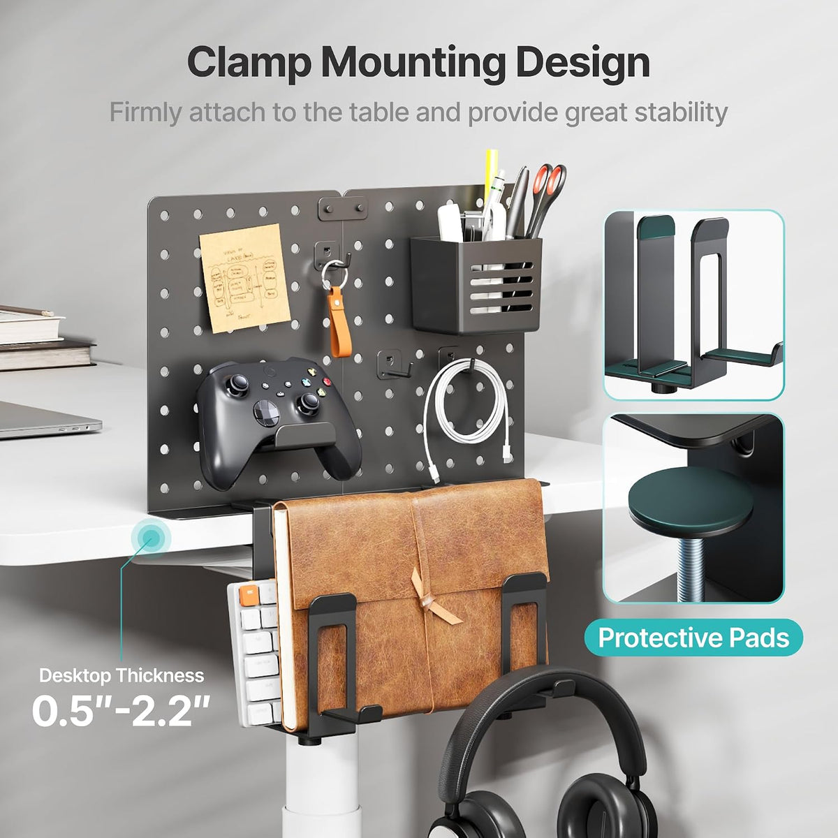 PEGZONE Clamp on Desk Pegboard Shelf, with 2-Slot Under Desk Laptop Holder