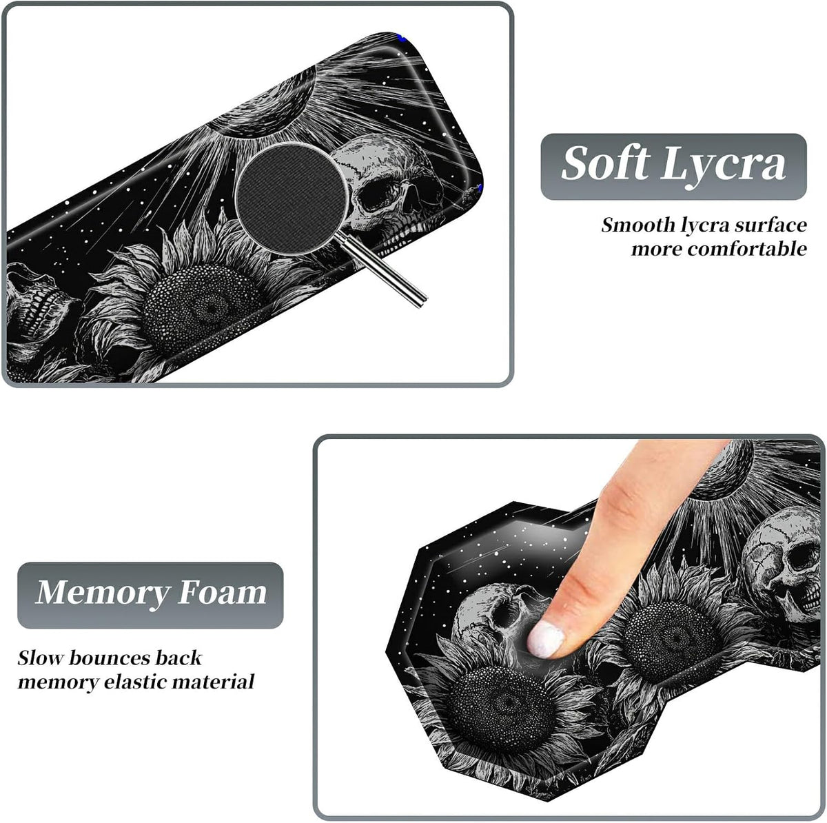 3Pcs Mouse Pad Set, Gothic Skull Sunflowers Large Gaming Mouse Pad with Stitc...