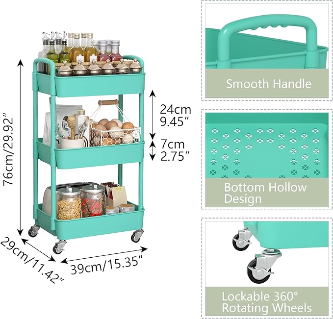 Sywhitta 3-Tier Plastic Rolling Utility Cart - Image 2