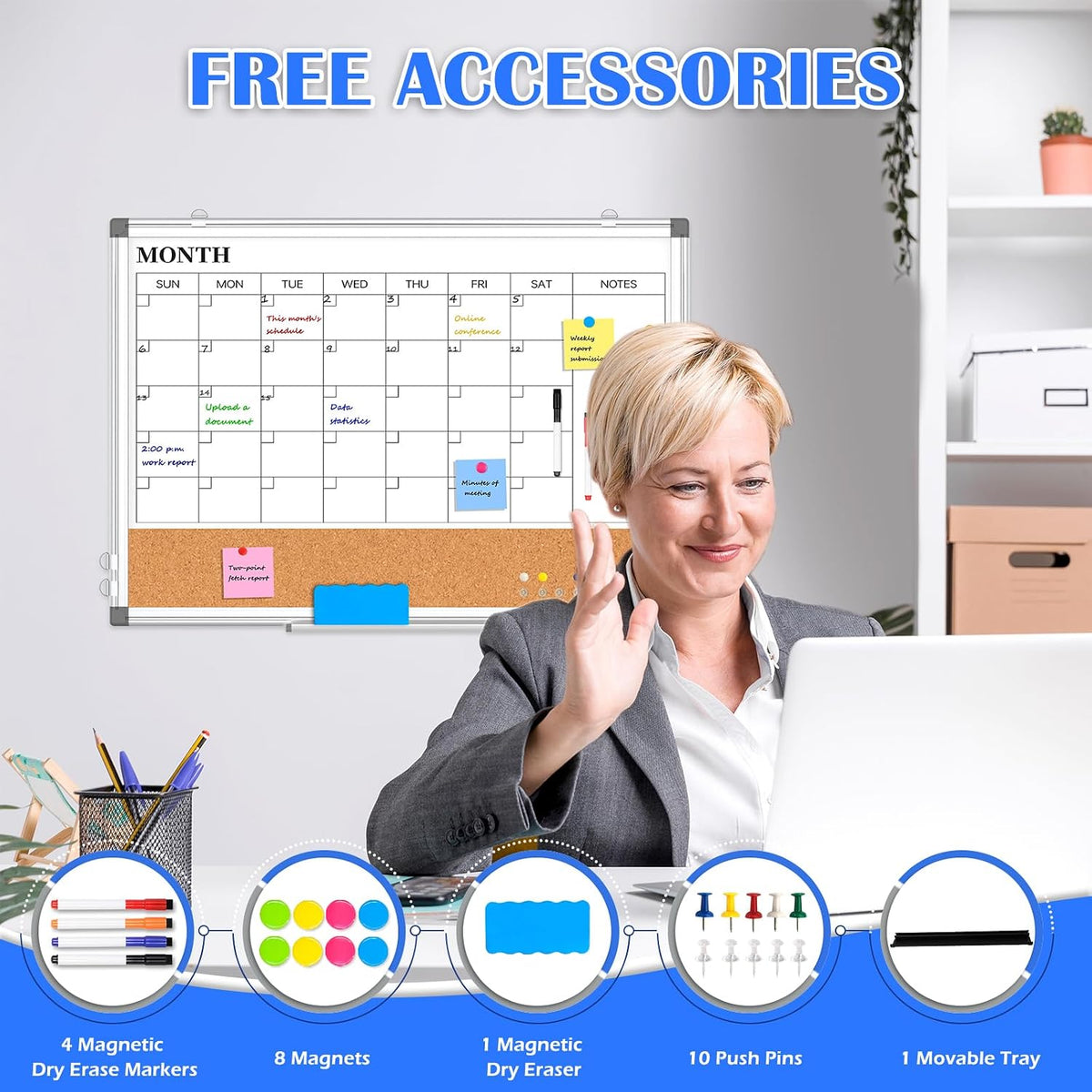 Dry Erase Calendar Whiteboard for Wall, 36" x 24" Monthly Cork Whit...