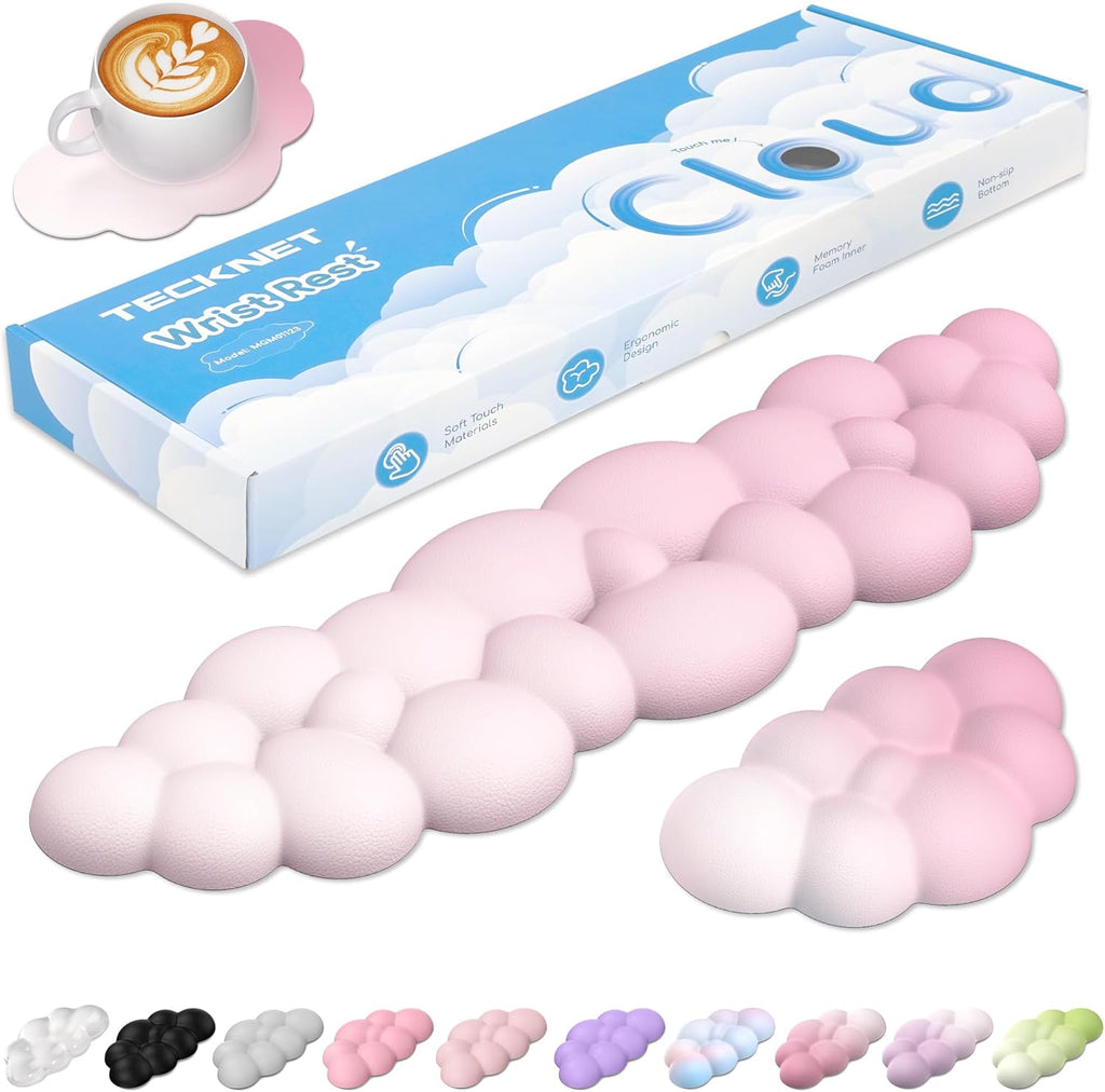 TECKNET Cloud Keyboard Wrist Rest Set, Cloud Wrist Rest with Non-Slip Base, PU Leather Wrist Pad for Keyboard with Ergonomic Memory Foam for Computer Laptop Office Gaming & Pain Relief, Gradient Pink
