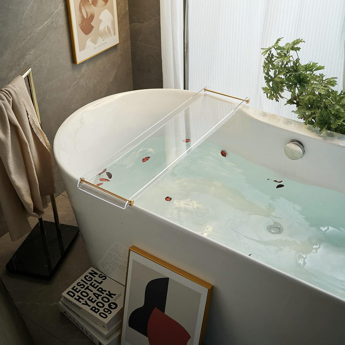 Beelee Clear Acrylic Bathtub Tray, Gold Rail Waterproof Tub Caddy Accessory