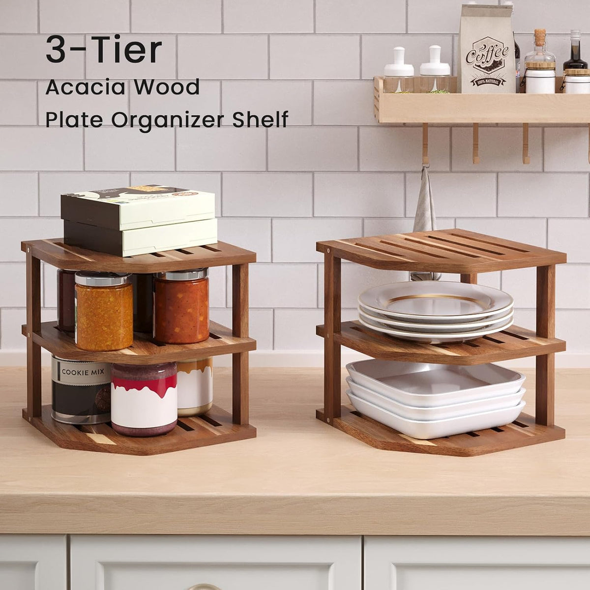 VERTORGAN 3 Tier Acacia Corner Shelf 2 Pack,Dish Drying Rack,Cabinet