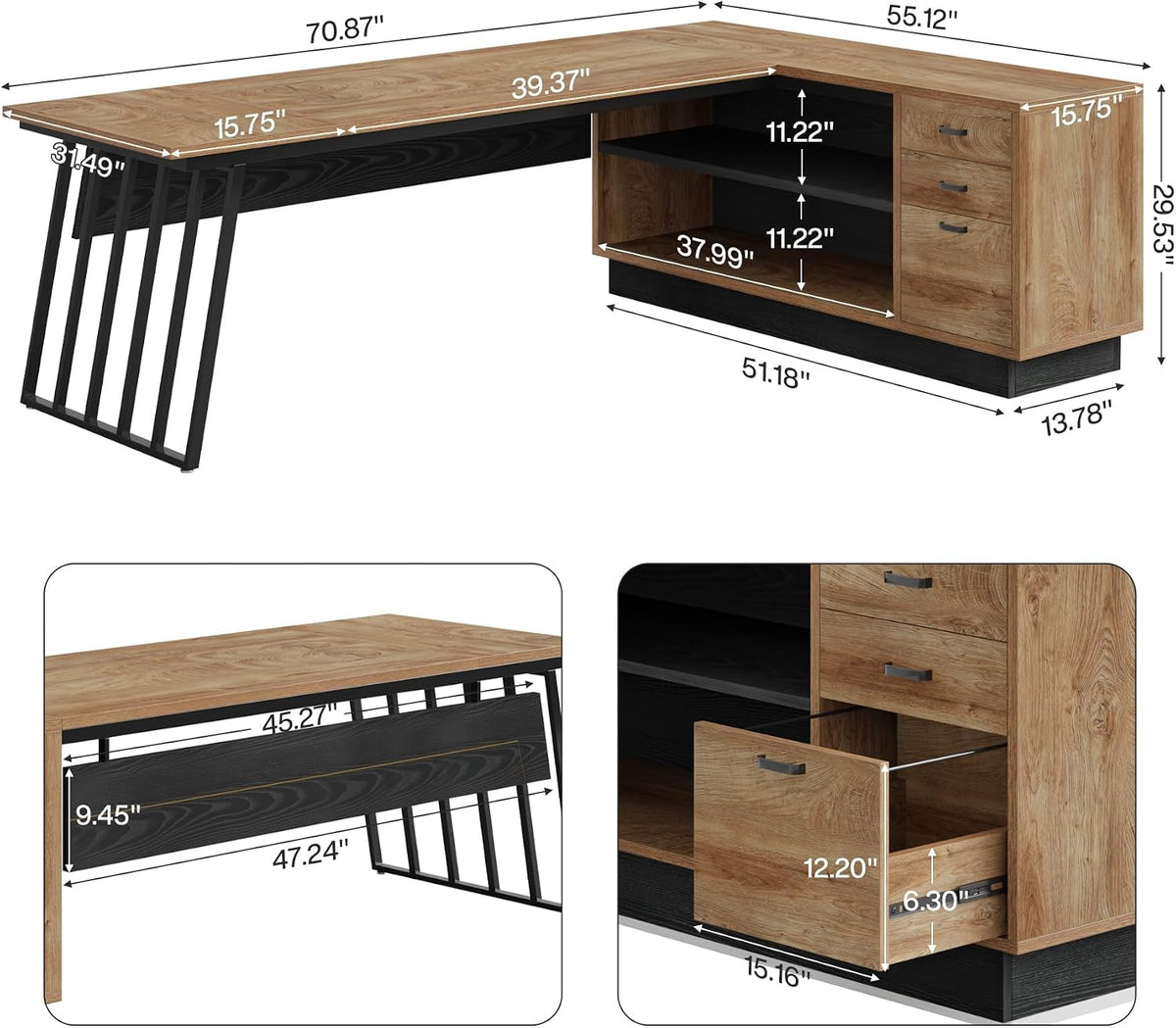 Tribesigns 71” Executive Desk, L-Shaped Desk with Cabinet, Oak and Black