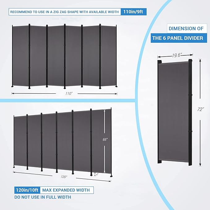MAYOLIAH 6 Panel Room Dividers Folding Privacy Screen, 10ft Wide 6ft Tall - Image 5
