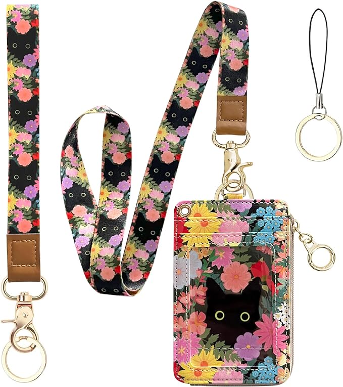 bolimoss Black Cat Flower Lanyard Wallet, Pu Leather Women Zid ID Case by BOLIMOSS