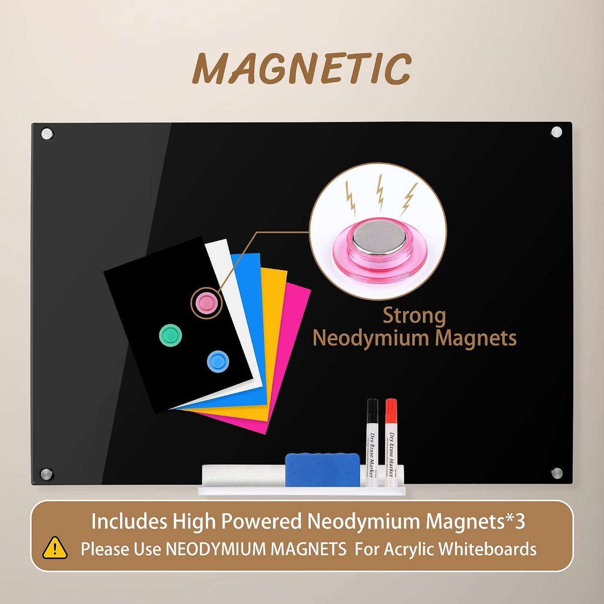 Acrylic Black Magnetic Dry Erase Board for Wall, White Board12”x16”,Frameless...