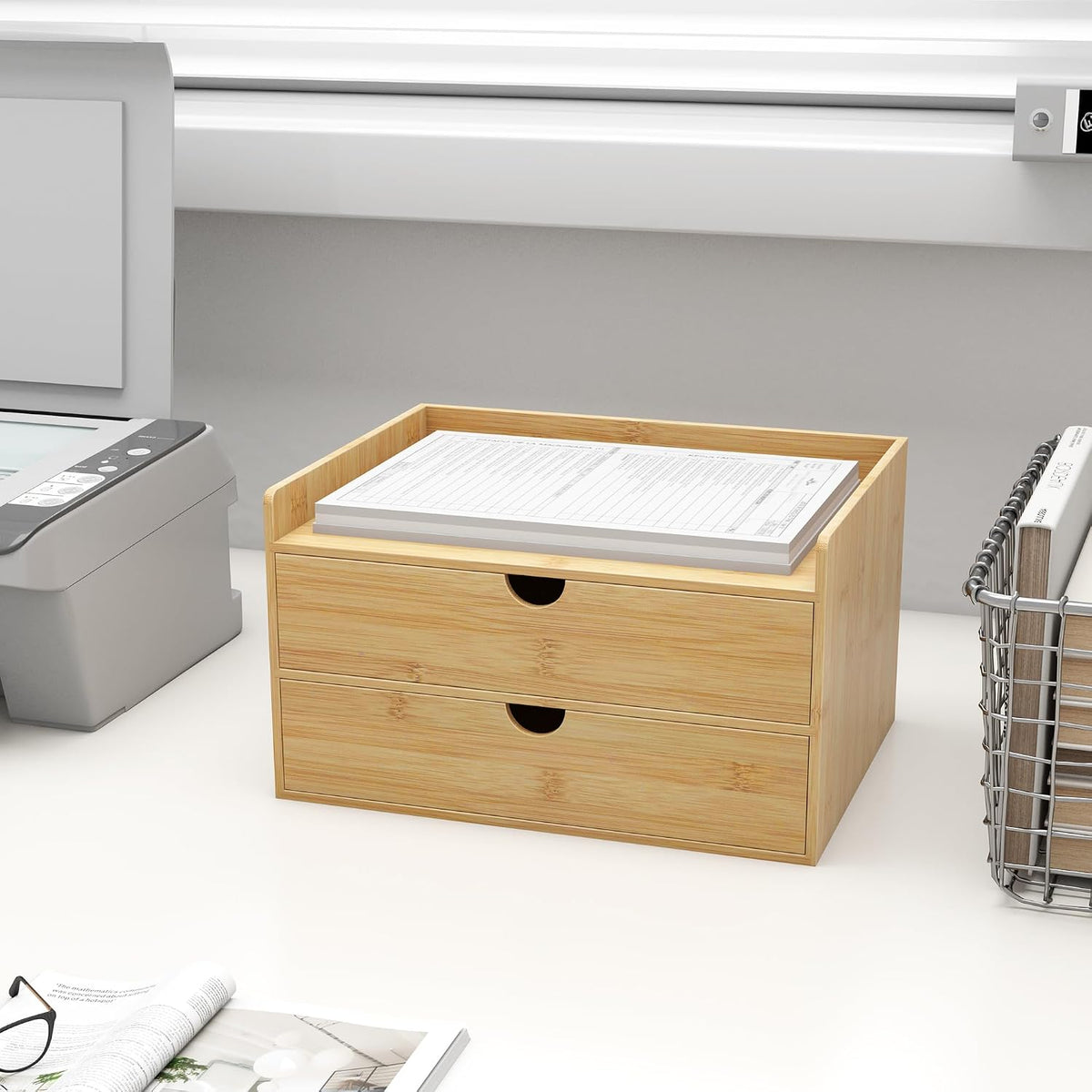Bamboo Desk Drawer Organizer, Large Desktop Organizer with Drawers Tabletop S...