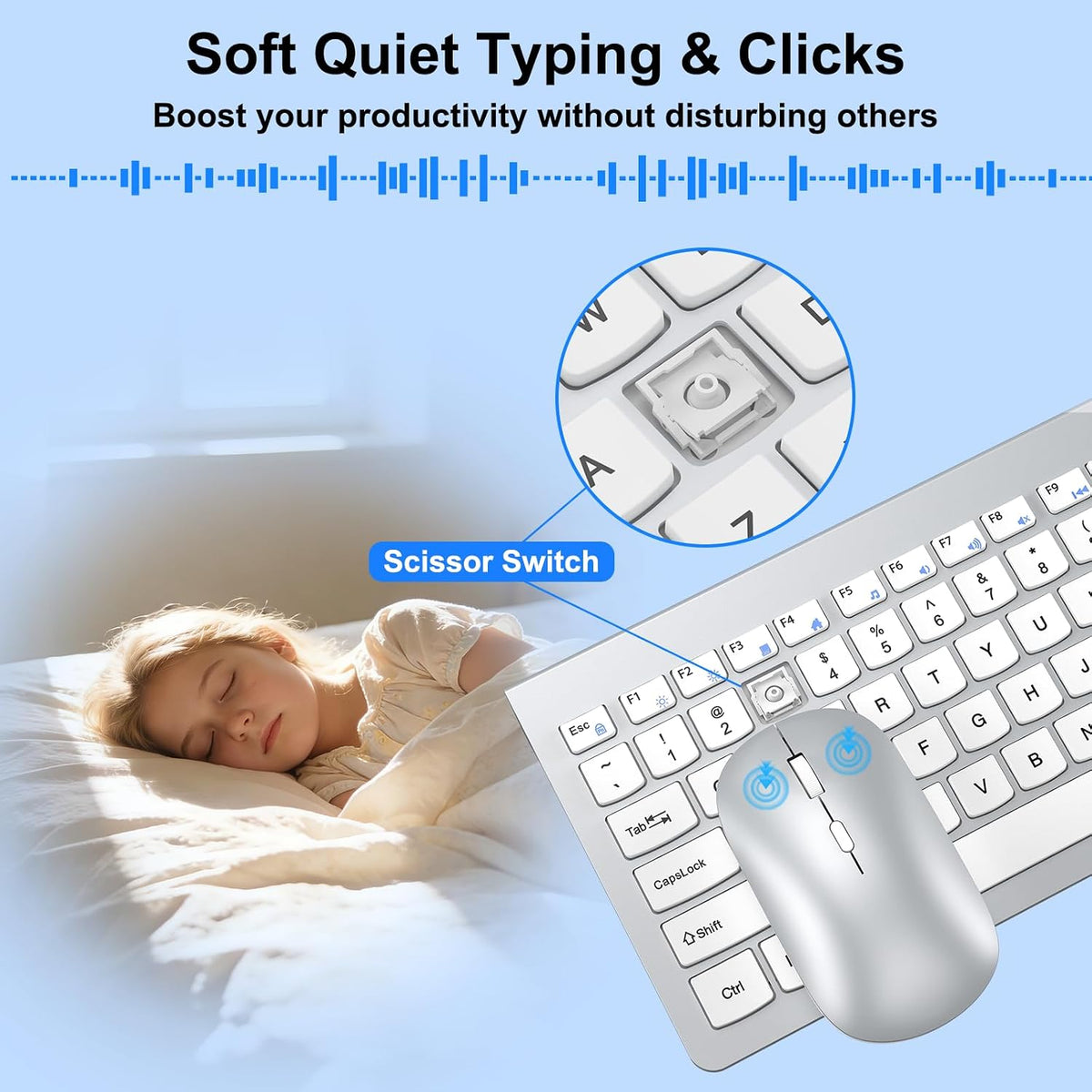 Ergonomic Ultra Slim Wireless Keyboard and Mouse Combo,2.4G Lag-Free,Silver