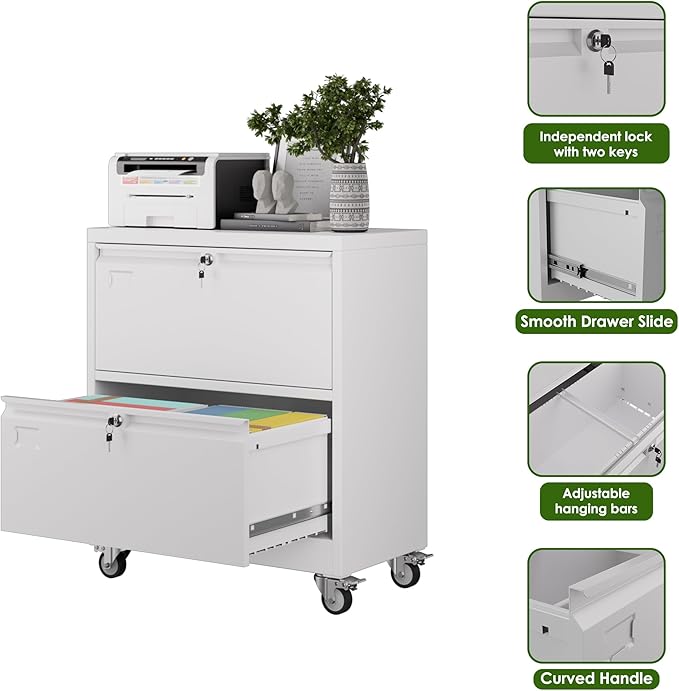 METAN Upgrade 2 Drawers Lateral File Cabinet on Wheels, Steel Office Filing - Image 5