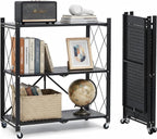 3 tier foldable storage shelves with wheels, metal shown in use