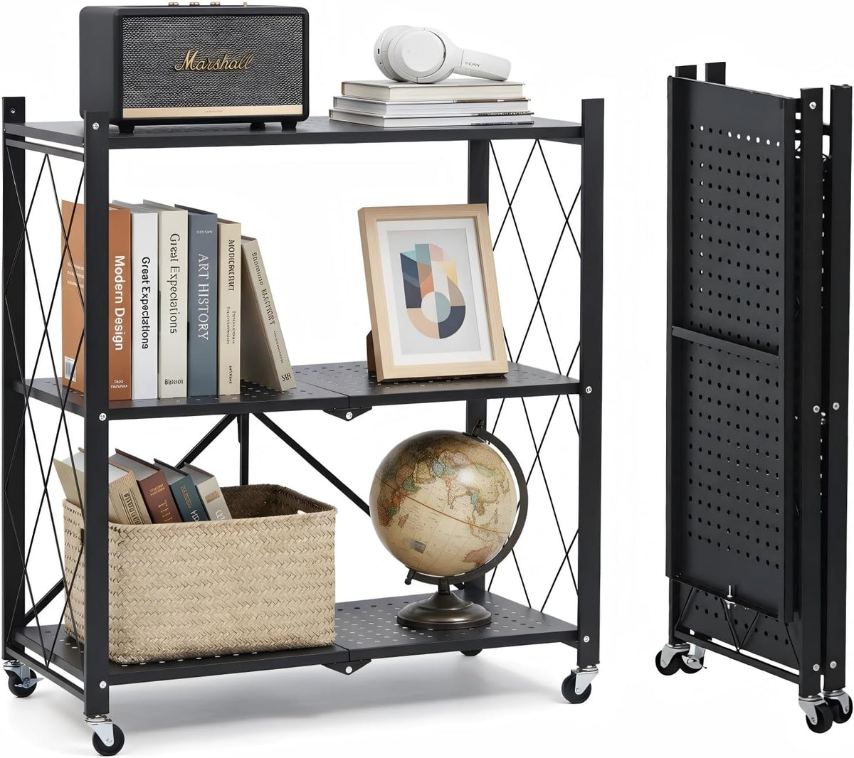 3 tier foldable storage shelves with wheels, metal shown in use