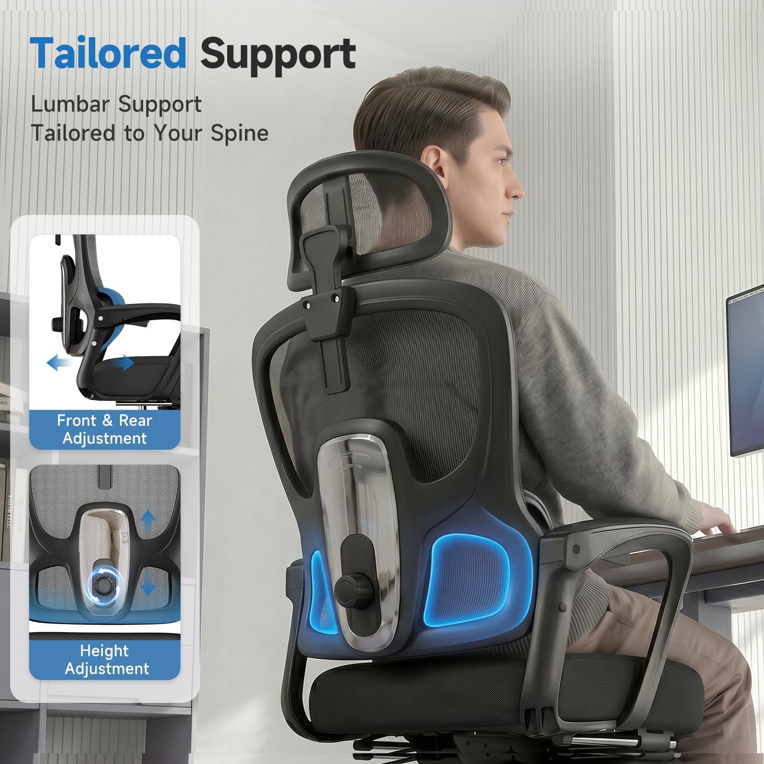 Ergonomic Office Chair with Footrest, 90-145° Reclining Desk Chair with Adjustable Lumbar Support & Headrest, High Back Mesh Computer Chair for Home Office/Gaming, 350lbs Capacity