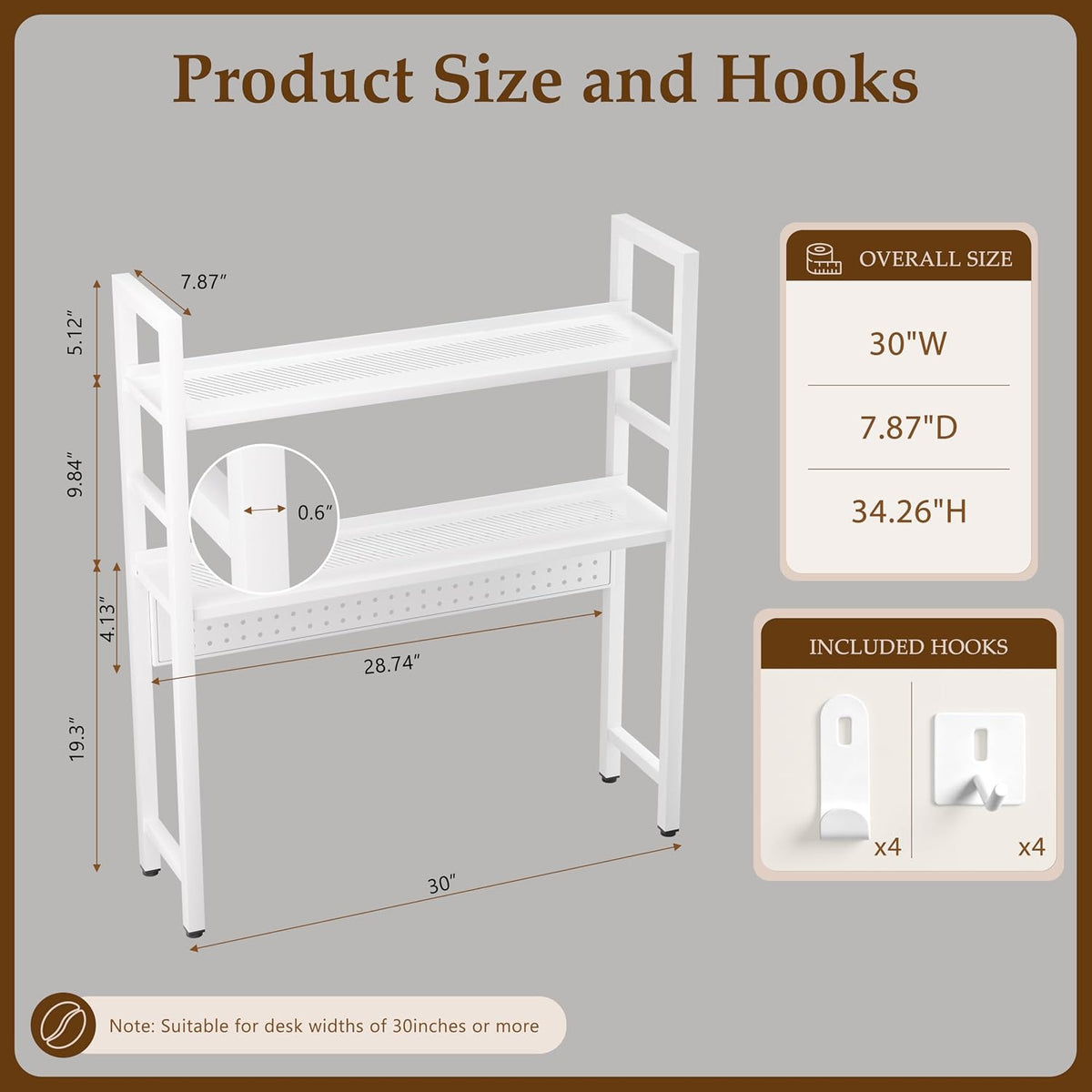 Brakki 2-Tier Desk Shelf, Desk Hutch Bookshelf with Pegboard and Hook Dorm