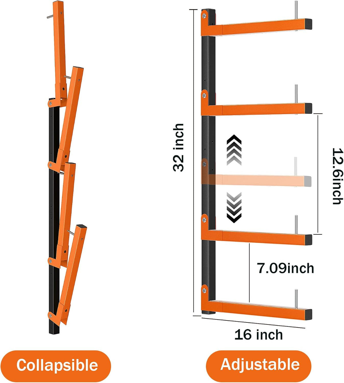 lumber storage rack wall mount, foldable 8-level wood, close-up detail