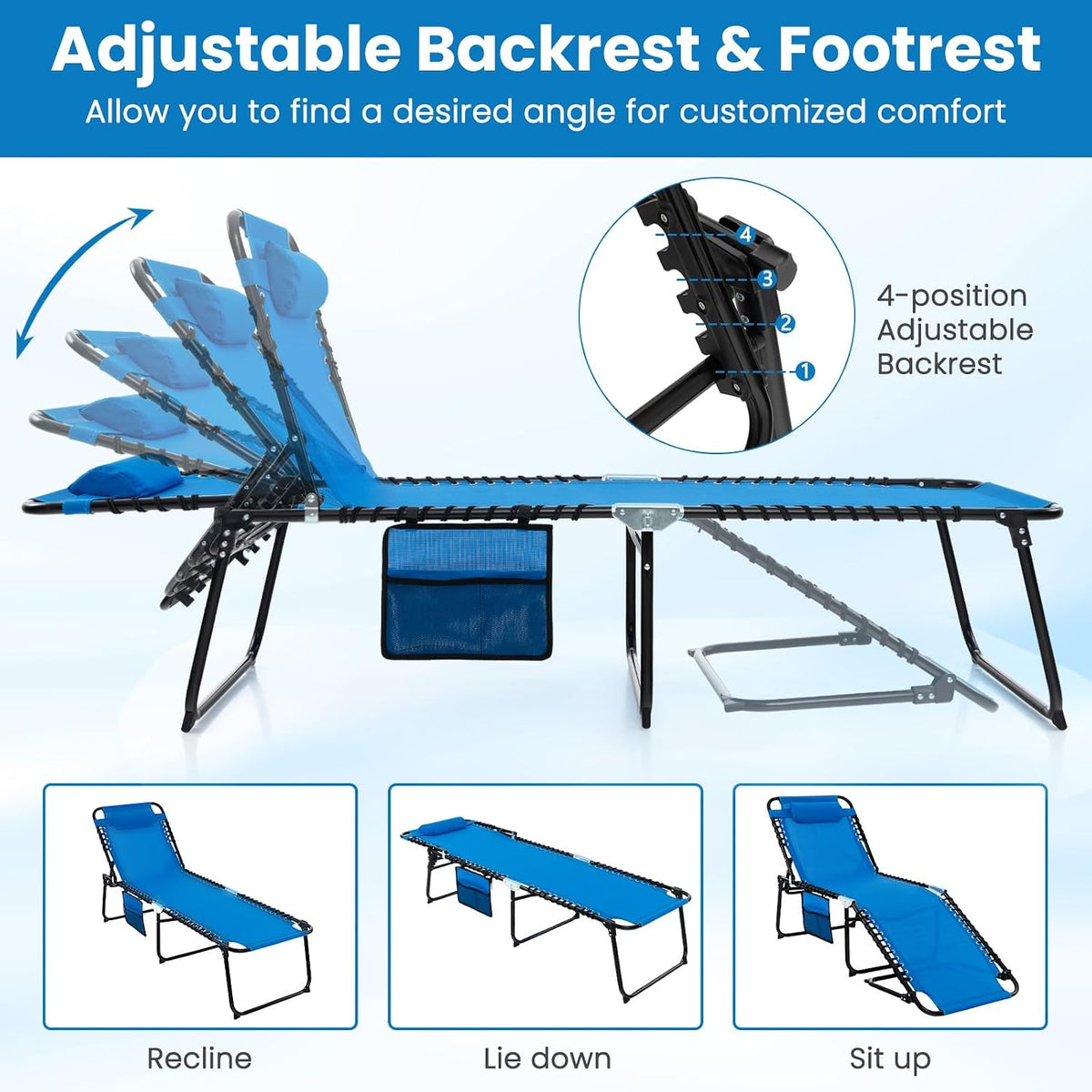 GYMAX Lounge Chairs for Outside, Extra High Folding Beach Tanning Lounger wit...