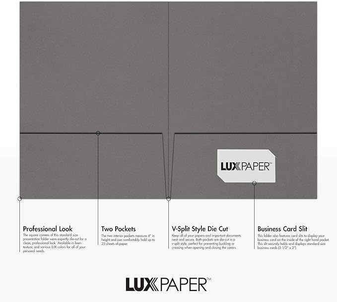 LUXPaper 9" x 12" Presentation Folders | Two Pocket | Smoke Gray | 100lb. Cover - Image 2
