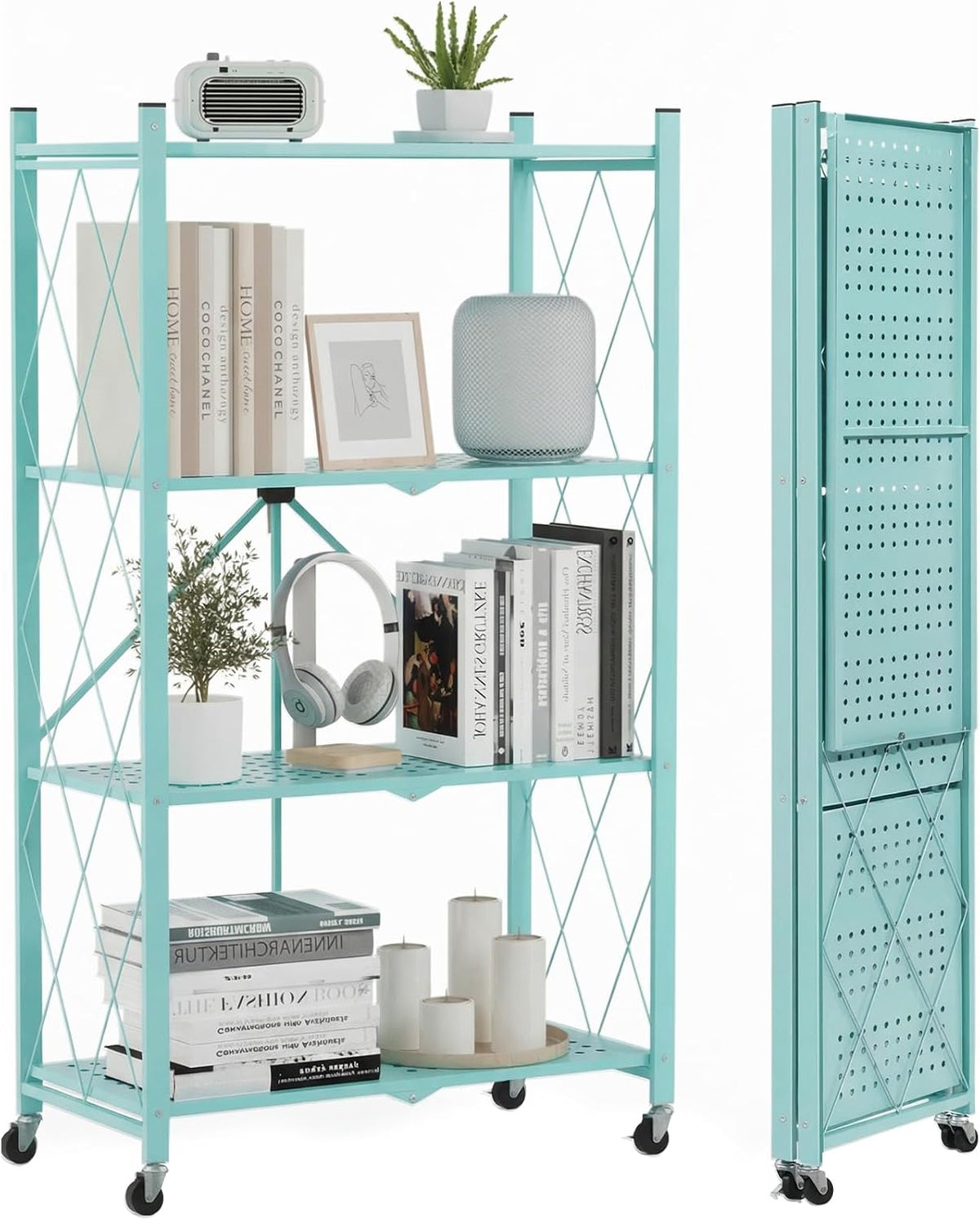 ALANNG 4 Tier Folding Shelf with Wheels, No Assembly Metal Storage Rack