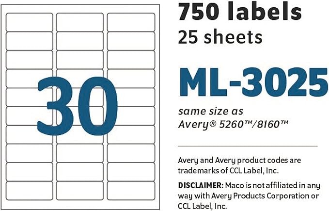 MACO Laser/Ink Jet White Address Labels, 30 per Sheet, 750 per Pack - Image 5