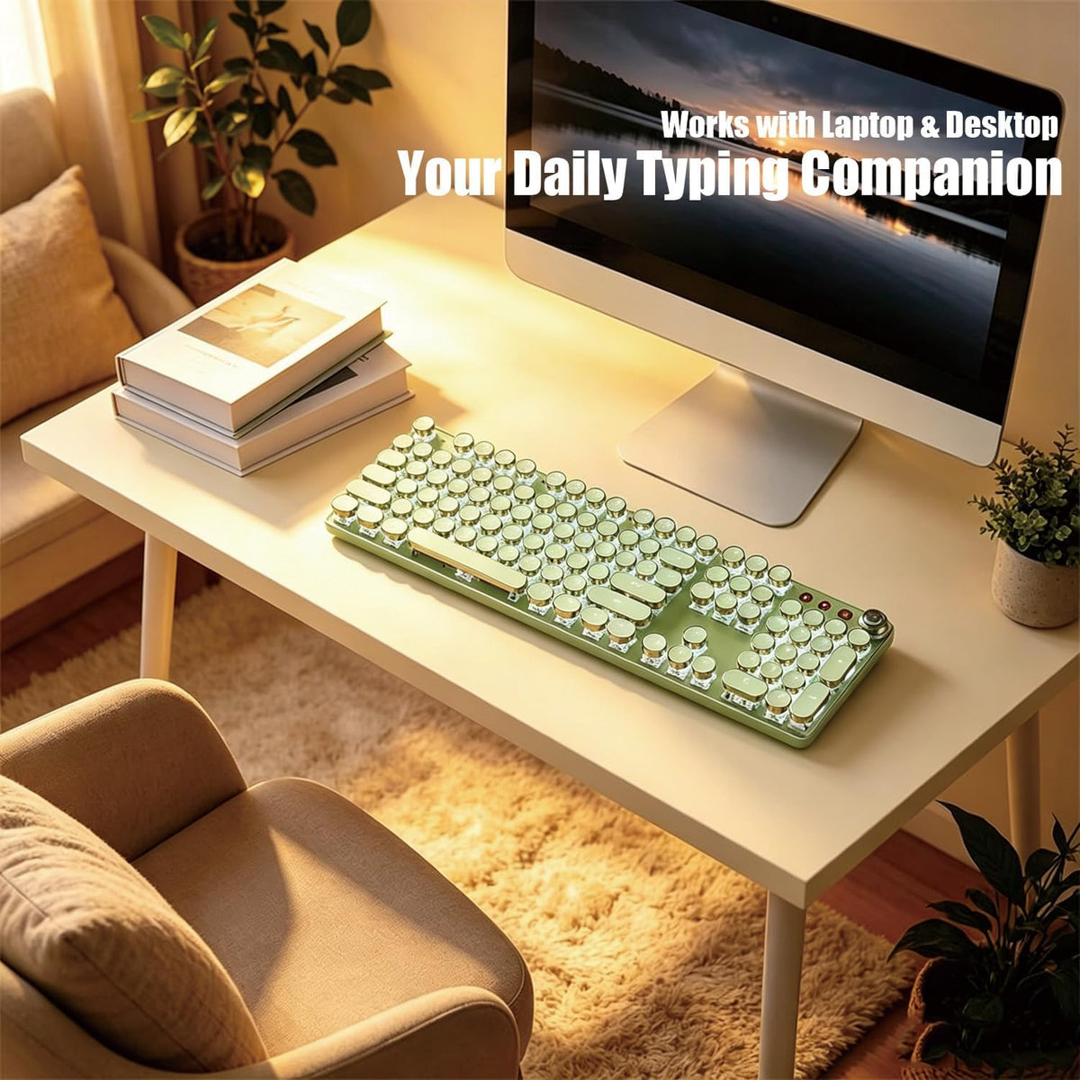 Retro Typewriter Mechanical Keyboard, Green, 104 Keys, Round Keycaps with LED...