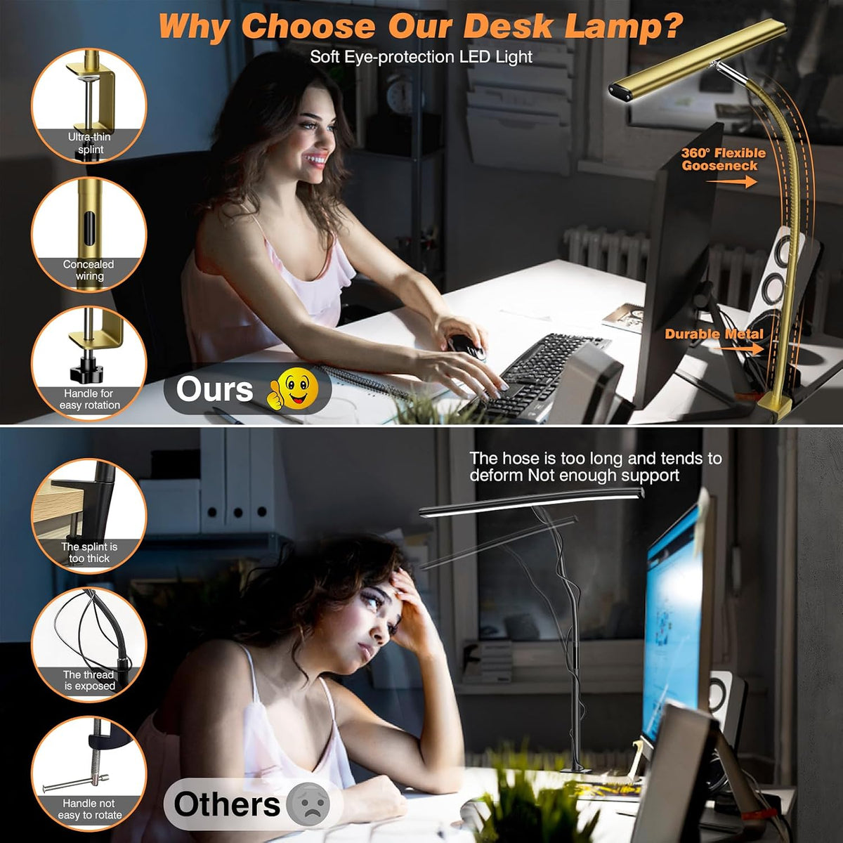 airlonv led desk lamp with clamp, 17" stepless, side view