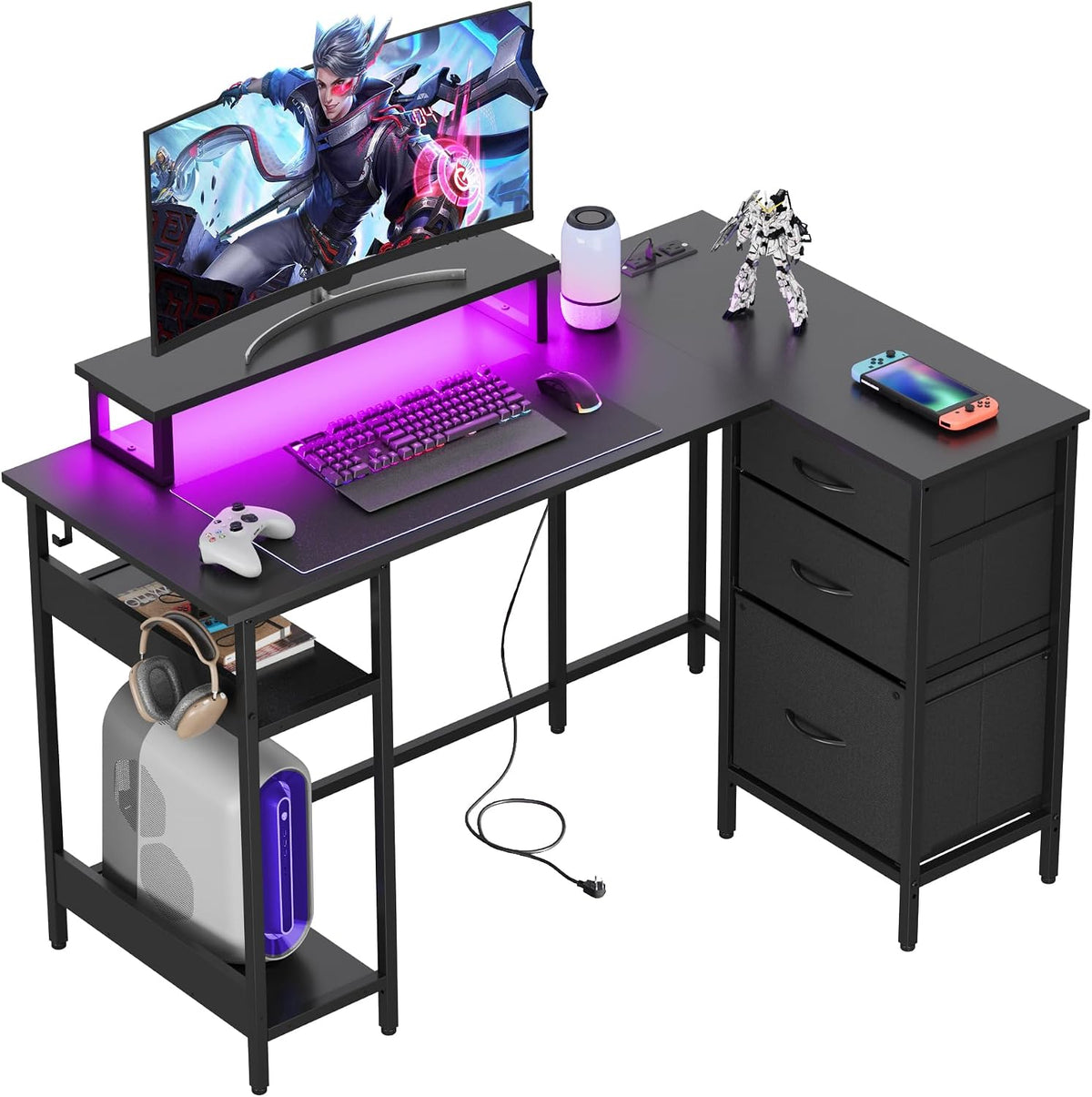 DEVAISE 48 Inch L Shaped Gaming Desk with Drawers and Storage, Corner Desk wi...