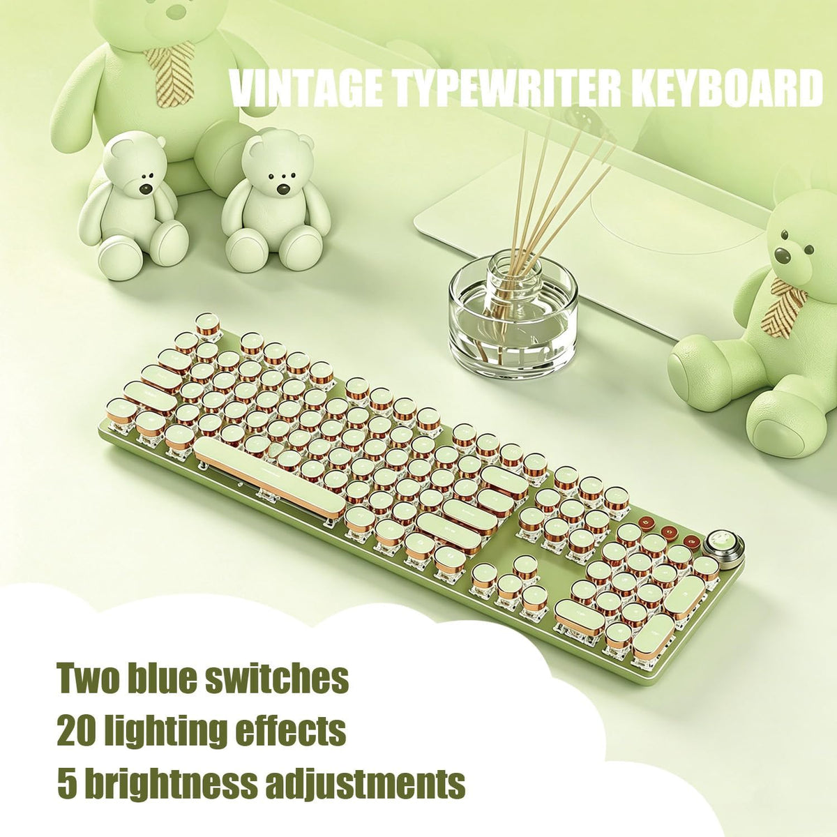Retro Typewriter Mechanical Keyboard, Green, 104 Keys, Round Keycaps with LED...