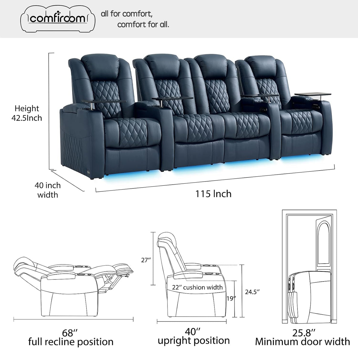 comfiroom Top-Grain Leather Home Theater Seating, Dual-Motor Power Recliner