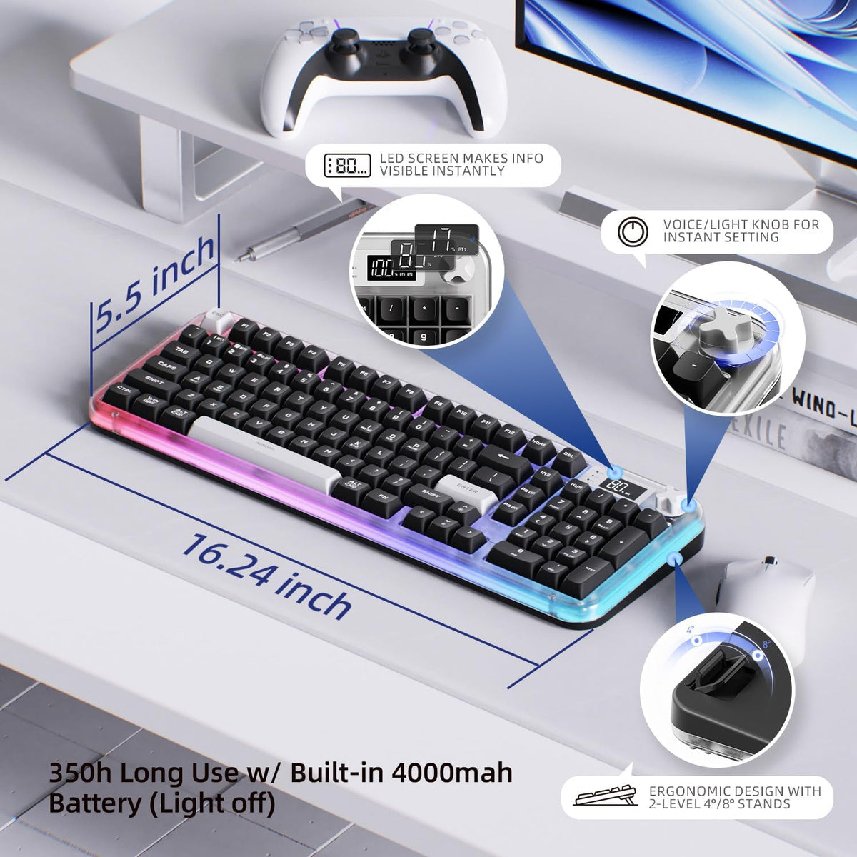 AUSDOM K98pro Wireless Silent Creamy Keyboard, Tri-Mode BT/2.4G/USB-C Compute...