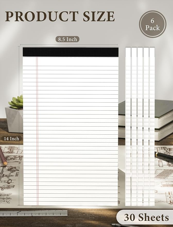 White Legal Pads 8.5 x 14, 6 Pack Wide Ruled Legal Notepads, Notebook Paper - Image 2