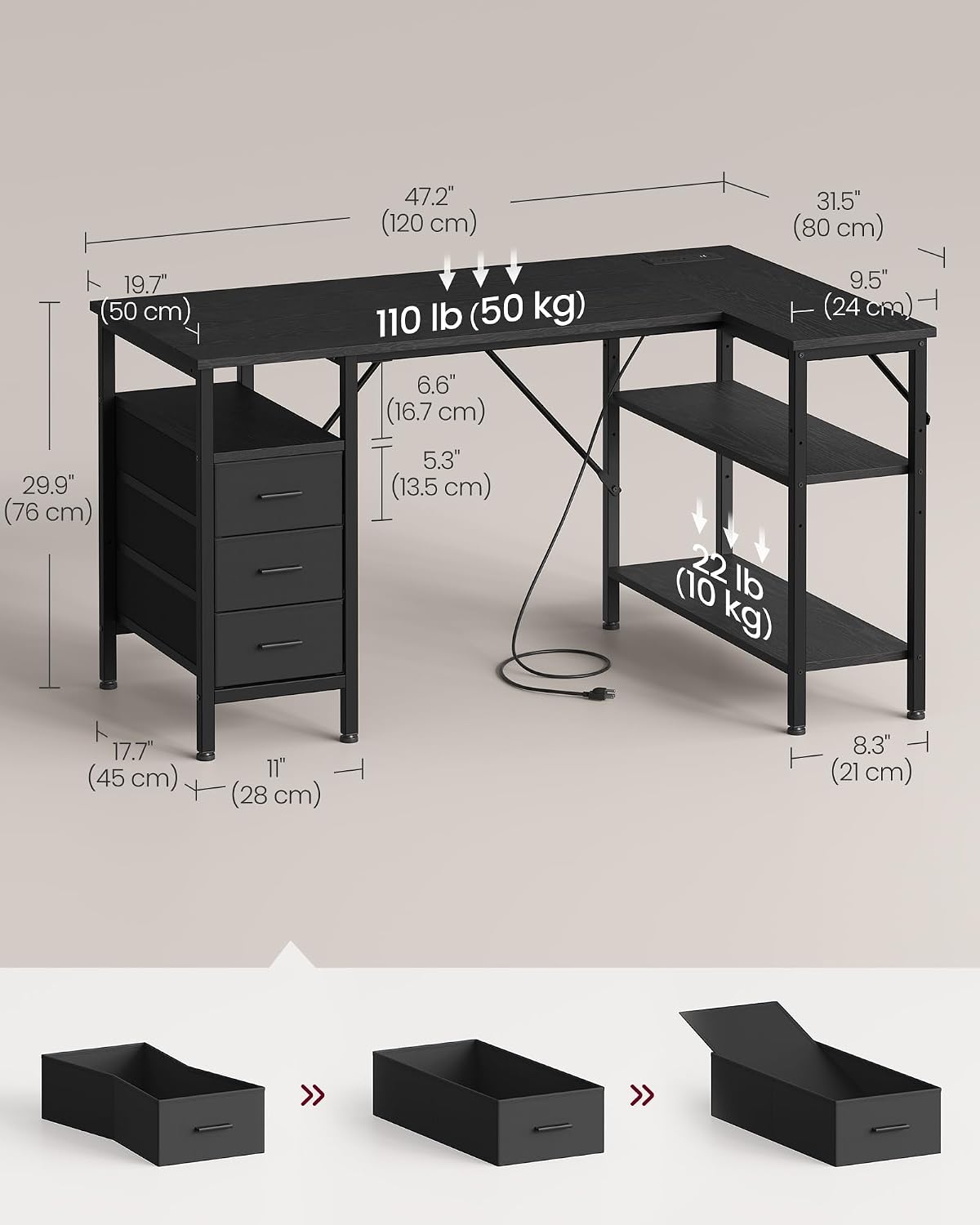 VASAGLE L Shaped Computer Desk with Drawers, Small Gaming Desk with Shelves